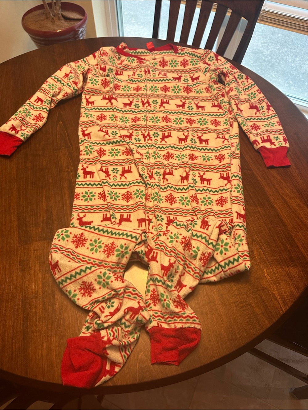 Holiday Reindeer Print Footed Pajamas - Red, Green, Cream